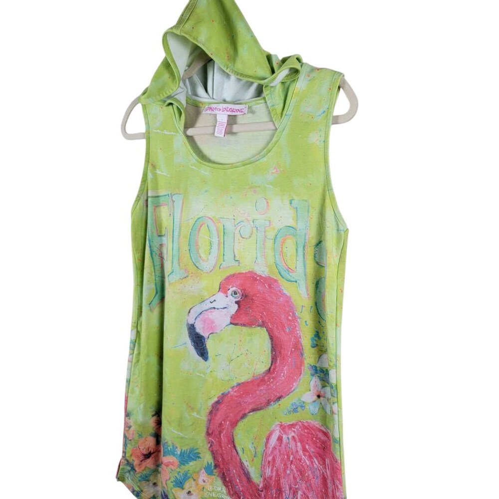 Leoma Lovegrove Womens Florida Flamingo Art Beachy Hooded Sleeveless Dress Small - Picture 2 of 9
